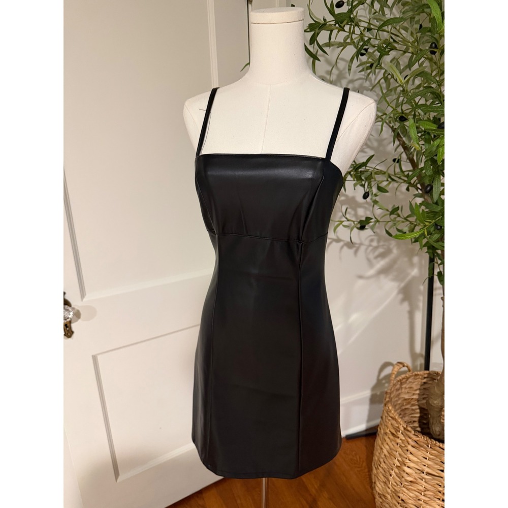 Black‎ Faux Leather Edgy Mini Dress Square Neck Bodycon Zip Size Small